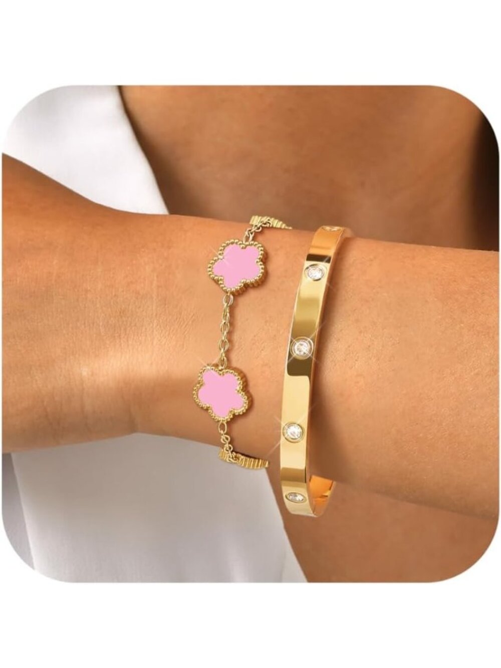 Womens Pink Stackable Gold Bracelets Jewelry, 18K Gold Plated Floral Bracelet